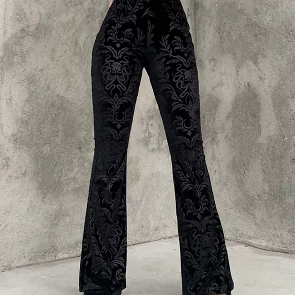 NWT Large Black Velour Damask Brocade Goth Cthulhu Flares - Picture 8 of 12